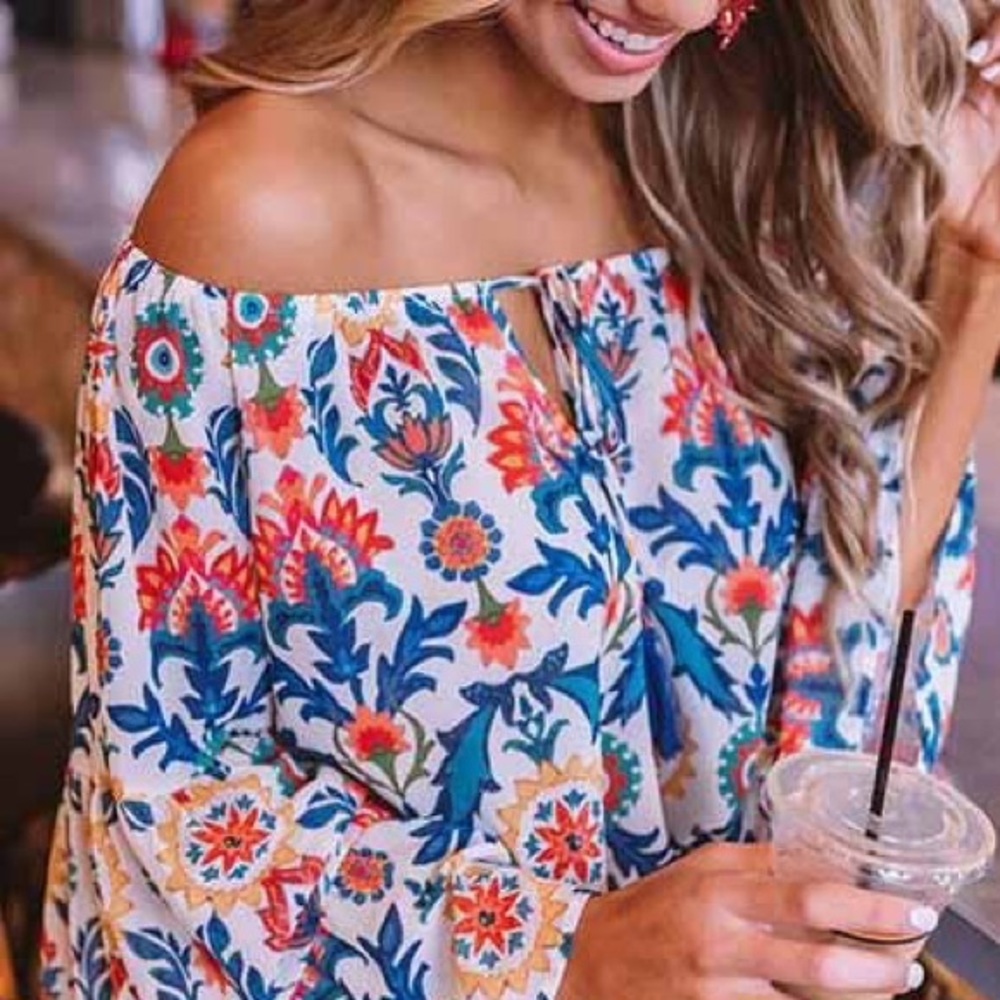 Floral Print Long Bell Sleeve Top